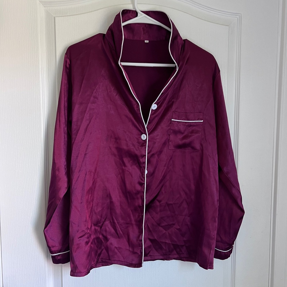 Unbranded Plum Purple Satin Pajama Top Long Sleeve Button Down White Piping‎ M